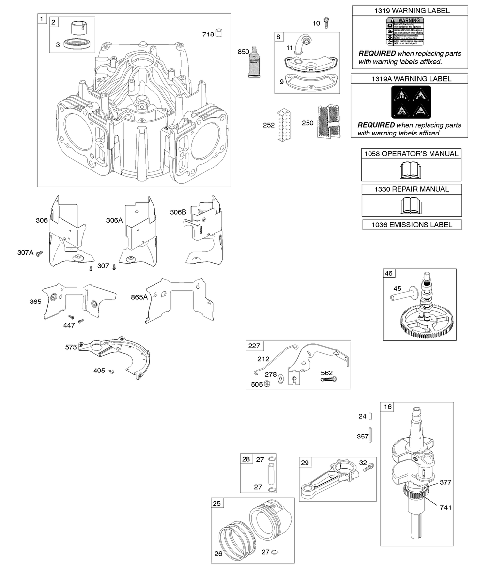 Cylinder, Crankshaft, Camshaft, Air Guides, Piston, Rings, Connecting Rod Diagram and Parts List for 44Q977-0277-B1 400000 - 699999 Briggs and Stratton Engine
